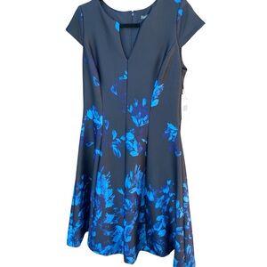 Julia Jordan Black and Blue Flared Floral Midi Dress